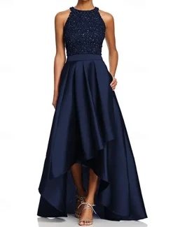 A-Line Wedding Guest Dresses Sparkle & Shine Dress Party Wear Semi Formal Asymmetrical Sleeveless Jewel Neck Fall Wedding Guest Satin with Beading Sequin Dresses