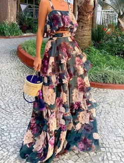 A-Line Wedding Guest Dresses Floral Dress Holiday Summer Floor Length Sleeveless Square Neck Polyester with Print dress to impress