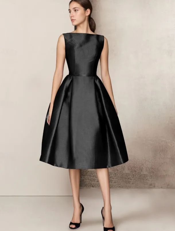 A-Line Wedding Guest Dresses Elegant Dress Homecoming Summer Tea Length Sleeveless V Neck Pocket Satin with Bow(s)