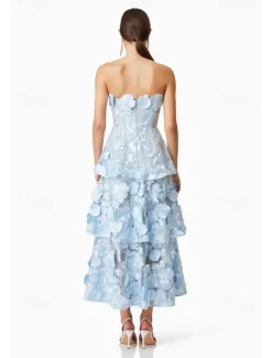 A-LineCocktail Dresses Tiered Dress Semi Formal Wedding Midi Length Sleeveless Off Shoulder with Floral Embroidered Lace Appliques