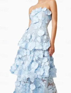 A-LineCocktail Dresses Tiered Dress Semi Formal Wedding Midi Length Sleeveless Off Shoulder with Floral Embroidered Lace Appliques