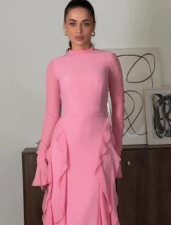 A-LineElegant Dress Wedding Wedding Guest Floor Length Long Sleeve High Neck Chiffon with Ruffles