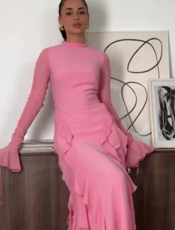 A-LineElegant Dress Wedding Wedding Guest Floor Length Long Sleeve High Neck Chiffon with Ruffles