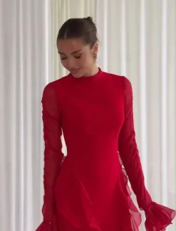 A-LineElegant Dress Wedding Wedding Guest Floor Length Long Sleeve High Neck Chiffon with Ruffles