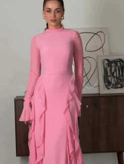 A-LineElegant Dress Wedding Wedding Guest Floor Length Long Sleeve High Neck Chiffon with Ruffles