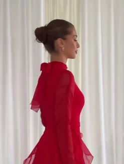 A-LineElegant Dress Wedding Wedding Guest Floor Length Long Sleeve High Neck Chiffon with Ruffles