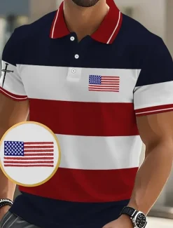 American Independence Day Men's Color Block American US Flag Polo Shirts Button Up Polos Golf Shirt Short Sleeve Polo Shirts Lapel Fashion Casual Daily Festival Print Summer Red