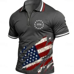 American Independence Day Men's American US Flag Zip Polo Shirts Short Sleeve Polo Shirts Collared Shirts Casual Athleisure Daily Wear 3D Print Summer Blue Green Gray