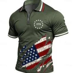 American Independence Day Men's American US Flag Zip Polo Shirts Short Sleeve Polo Shirts Collared Shirts Casual Athleisure Daily Wear 3D Print Summer Blue Green Gray
