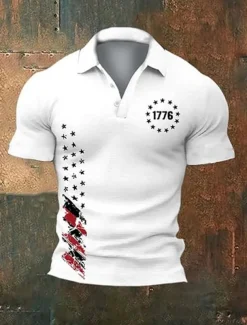 American Independence Day Men's American US Flag Polo Shirts Button Up Polos Golf Shirt Short Sleeve Polo Shirts Lapel Fashion Casual Daily Festival Print Summer Black White Navy Blue