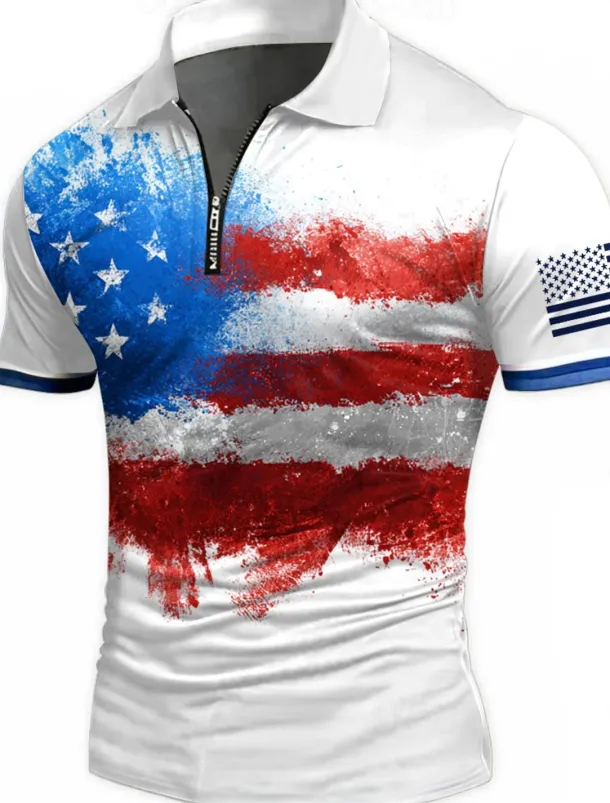 American Independence Day Men's American US Flag Zip Polo Shirts Short Sleeve Polo Shirts Collared Shirts Casual Athleisure Daily Wear 3D Print Summer White Red Blue