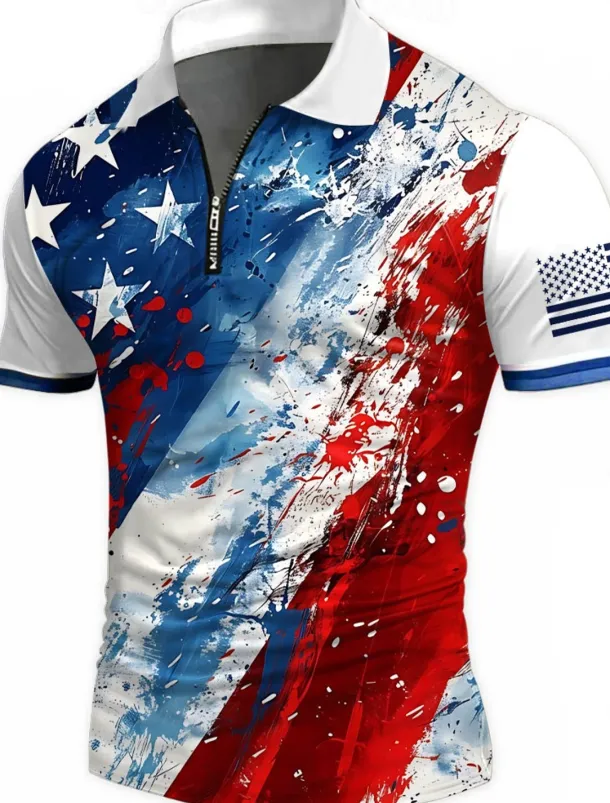 American Independence Day Men's American US Flag Zip Polo Shirts Short Sleeve Polo Shirts Collared Shirts Casual Athleisure Daily Wear 3D Print Summer White Red Blue