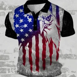 American Independence Day Men's American Flag Veterans Waffle Polo Shirts Golf Shirt Short Sleeve Polo Shirts Collared Shirts Streetwear Vacation Wear Party Outfits Buttons 3D Print Summer Spring Gray