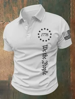 American Independence Day Men's American US Flag 1776 Polo Shirts Button Up Polos Golf Shirt Short Sleeve Polo Shirts Lapel Fashion Casual Daily Festival Print Summer Black White Gray