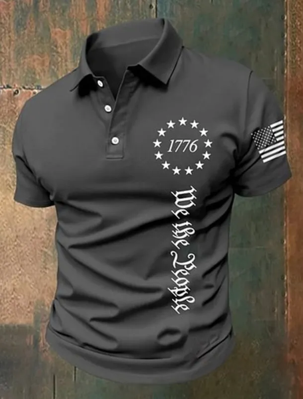American Independence Day Men's American US Flag 1776 Polo Shirts Button Up Polos Golf Shirt Short Sleeve Polo Shirts Lapel Fashion Casual Daily Festival Print Summer Black White Gray