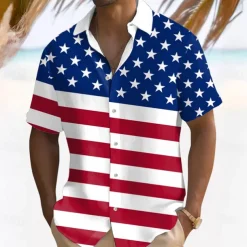 American Independence Day Men's American Flag National Flag Button Up Shirt Short Sleeve Hawaiian Casual Resort Outdoor Casual Holiday Summer Spring Turndown Print White