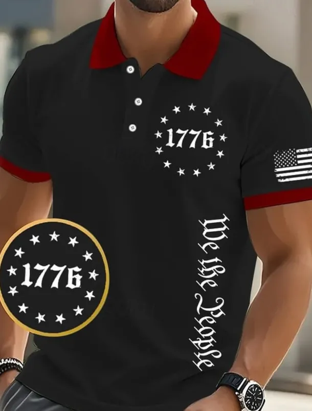 American Independence Day Men's 1776 National Flag Polo Shirts Button Up Polos Golf Shirt Short Sleeve Polo Shirts Lapel Fashion Casual Daily Festival Print Summer Black White