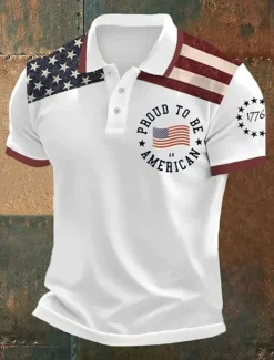 American Independence Day Men's American US Flag Polo Shirts Button Up Polos Golf Shirt Short Sleeve Polo Shirts Lapel Fashion Casual Daily Festival Print Summer Black White Navy Blue
