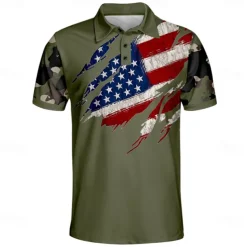 American Independence Day Men's American US Flag Polo Short Sleeve Polo Shirts Collared Shirts Casual Outdoor Daily Wear Festival Outfit Buttons 3D Print Summer Spring Fall Black Brown Army Green