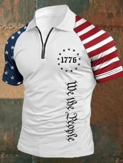 American Independence Day Men's American US Flag 1776 Polo Shirts Button Up Polos Quarter Zip Polo Short Sleeve Polo Shirts Lapel Fashion Casual Daily Festival Print Summer Black White