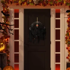Animated Halloween Wreath Decoration Prop for Front Door Talking and Moving Black Grim Reaper Haunted House Decor