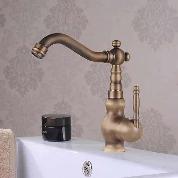 Antique Brass Bathroom Sink Faucet,Single Handle One Hole Traditional Bath Taps with Hot and Cold Water and Ceramic Valve
