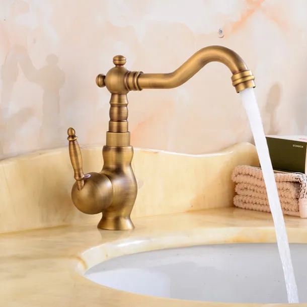 Antique Brass Bathroom Sink Faucet,Single Handle One Hole Traditional Bath Taps with Hot and Cold Water and Ceramic Valve