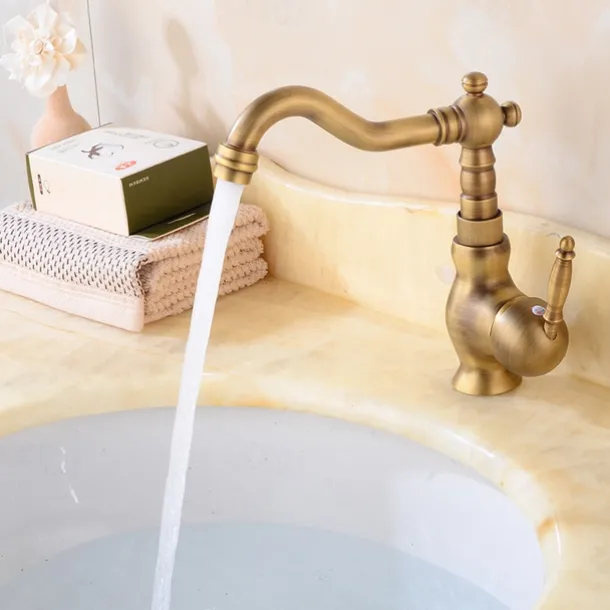 Antique Brass Bathroom Sink Faucet,Single Handle One Hole Traditional Bath Taps with Hot and Cold Water and Ceramic Valve