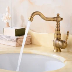 Antique Brass Bathroom Sink Faucet,Single Handle One Hole Traditional Bath Taps with Hot and Cold Water and Ceramic Valve