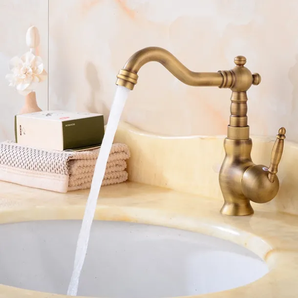 Antique Brass Bathroom Sink Faucet,Single Handle One Hole Traditional Bath Taps with Hot and Cold Water and Ceramic Valve