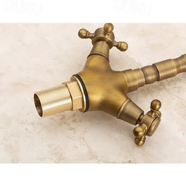 Antique Brass Kitchen Faucet,Two Handles One Hole Standard Spout Deck Mounted Traditional Kitchen Taps with Hot and Cold Switch