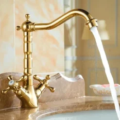 Antique Brass Kitchen Faucet,Two Handles One Hole Standard Spout Deck Mounted Traditional Kitchen Taps with Hot and Cold Switch