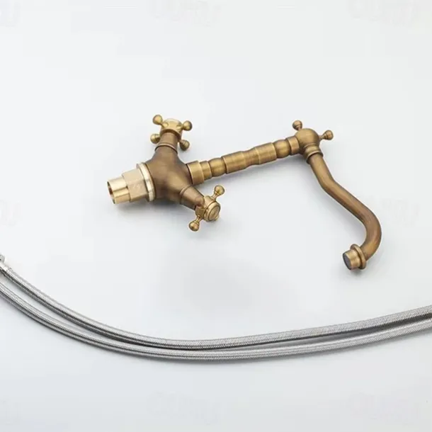 Antique Brass Kitchen Faucet,Two Handles One Hole Standard Spout Deck Mounted Traditional Kitchen Taps with Hot and Cold Switch