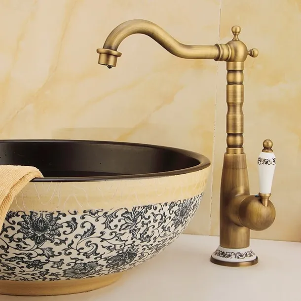 Antique Copper Kitchen Faucet,Golden/Black Single Handle One Hole Electroplated Standard Spout Centerset Antique Design Kitchen Taps with Hot and Cold Water Switch