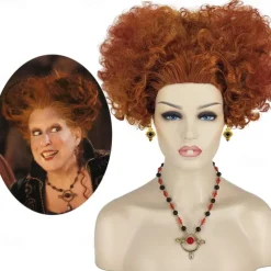 Ariker Winifred Sanderson Wig Curly Brown Hocus Pocus 2 Winifred Wig for Women Sanderson Sisters Accessories Witch Wig Without Teeth Necklace Earrings Halloween Wigs