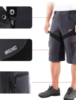 Arsuxeo Men's Bike Shorts Cycling MTB Shorts Bike Shorts Pants Form Fit Mountain Bike MTB Road Bike Cycling Sports Waterproof Multi-Pockets Breathable Quick Dry Black Army Green Polyester Spandex