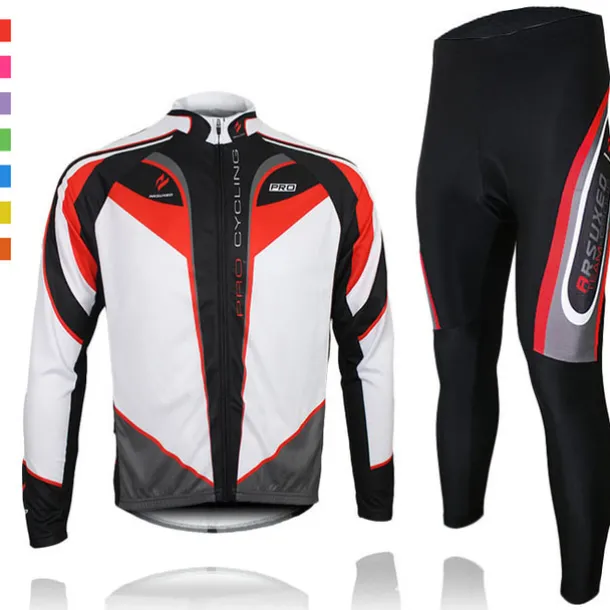 Arsuxeo Men's Long Sleeve Cycling Jersey with Tights Spandex Silicon Polyester Black / Red Purple Yellow Patchwork Bike Clothing Suit Thermal / Warm Breathable 3D Pad Quick Dry Limits Bacteria Sports