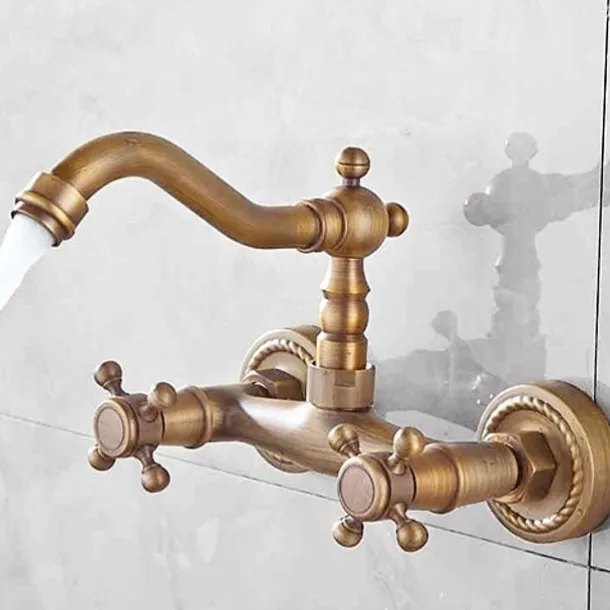 Art Deco Antique Brass Sprinkle Sink Faucets, Wall Mount Two Handles Two Holes Kitchen Faucet with Hot and Cold Water Switch