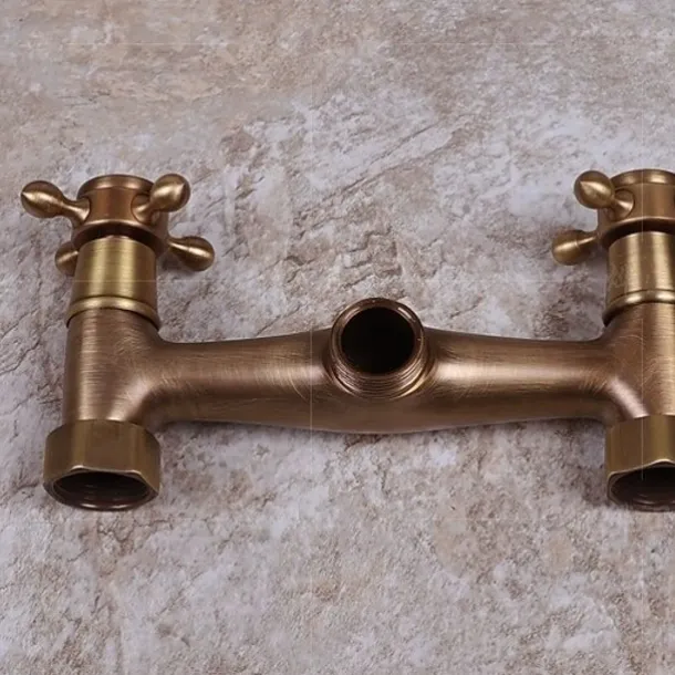 Art Deco Antique Brass Sprinkle Sink Faucets, Wall Mount Two Handles Two Holes Kitchen Faucet with Hot and Cold Water Switch