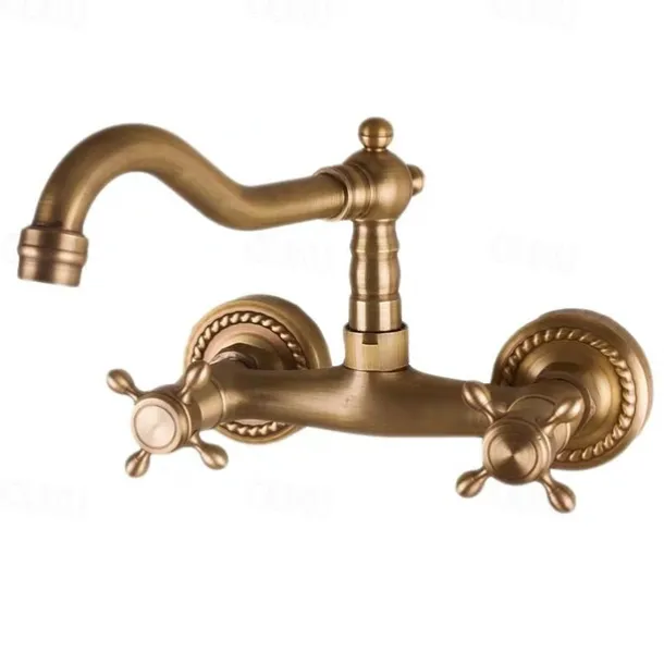 Art Deco Antique Brass Sprinkle Sink Faucets, Wall Mount Two Handles Two Holes Kitchen Faucet with Hot and Cold Water Switch