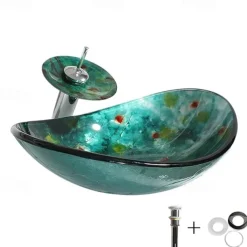 Art Tempered Glass Wash Basin with Chrome Faucet Finish,Rectangular Sink Shape Bathroom Faucet