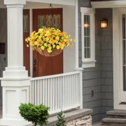 Artificial Hanging Flowers in Basket - Outdoor/Indoor Patio Lawn Garden Decor, Daisy Basket with 12-Inch Coconut Lining Chain Flowerpot