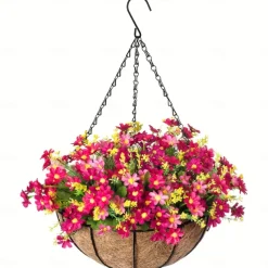Artificial Hanging Flowers in Basket - Outdoor/Indoor Patio Lawn Garden Decor, Daisy Basket with 12-Inch Coconut Lining Chain Flowerpot