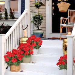 Artificial Red Geranium Silk Flowers Outdoor Plant Bush 2 Bundles Faux Flowers Geraniums for Outdoors Floral Home Decor Indoor Garden Patio Vase Grave Cemetary Table Centerpieces Decor