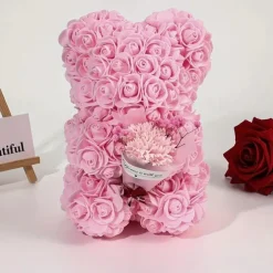 Artificial Rose Bear Flower Arrangement Mother's Day Gift- Foam Roses with Container for Mother's Day, Anniversary, Wedding, Birthday