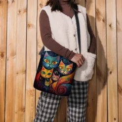 Artistic Cat Print Crossbody Bag – Vibrant Abstract Design Women's Shoulder Bag for Daily Use and Gifting