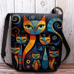 Artistic Cat Print Crossbody Bag – Vibrant Abstract Design Women's Shoulder Bag for Daily Use and Gifting