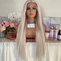 Ash Blonde Straight Remy Human Hair Lace Front Wig Preplucked Brazilian Virgin Hair Lace Front Human Hair Wigs with Baby Hair for Women