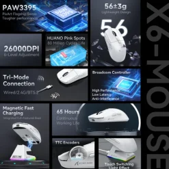 Attack Shark X6 bluetooth Mouse PixArt PAW3395 Tri-Mode Connection RGB Touch Magnetic Charging Base Macro Gaming Mouse