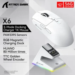 Attack Shark X6 bluetooth Mouse PixArt PAW3395 Tri-Mode Connection RGB Touch Magnetic Charging Base Macro Gaming Mouse